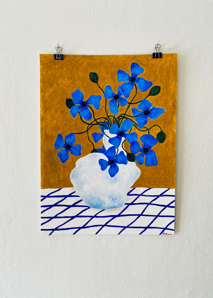 Rebecka Hansson Blue flowers Handmade Figurative Oil Painting Blue Unique Wall Art Original Art Colourful Art Contemporary Artwork 